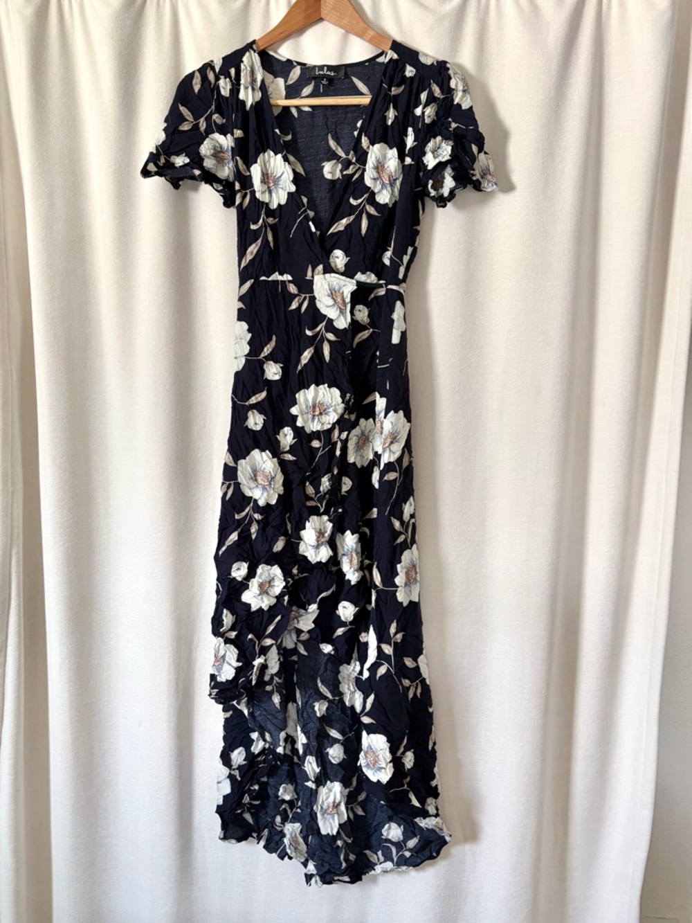 Lulus Lake Como Navy Blue Floral Print High-Low Wrap Dress size S - Picture 4 of 7